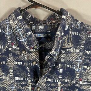 Vintage Nautical Short Sleeve Button Down Men's XL Boats Ships Anchors Cotton